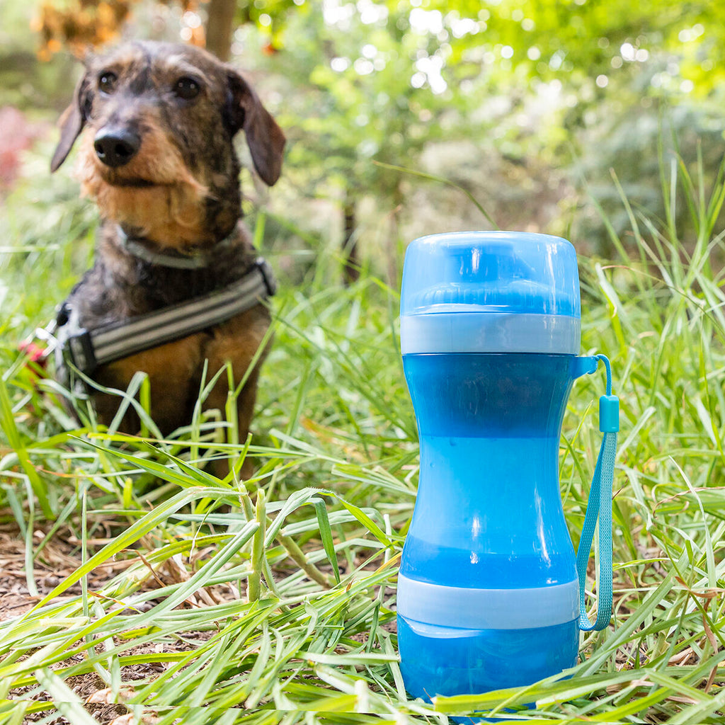 Botella 2 en 1 con recipientes para agua y comida para mascotas
