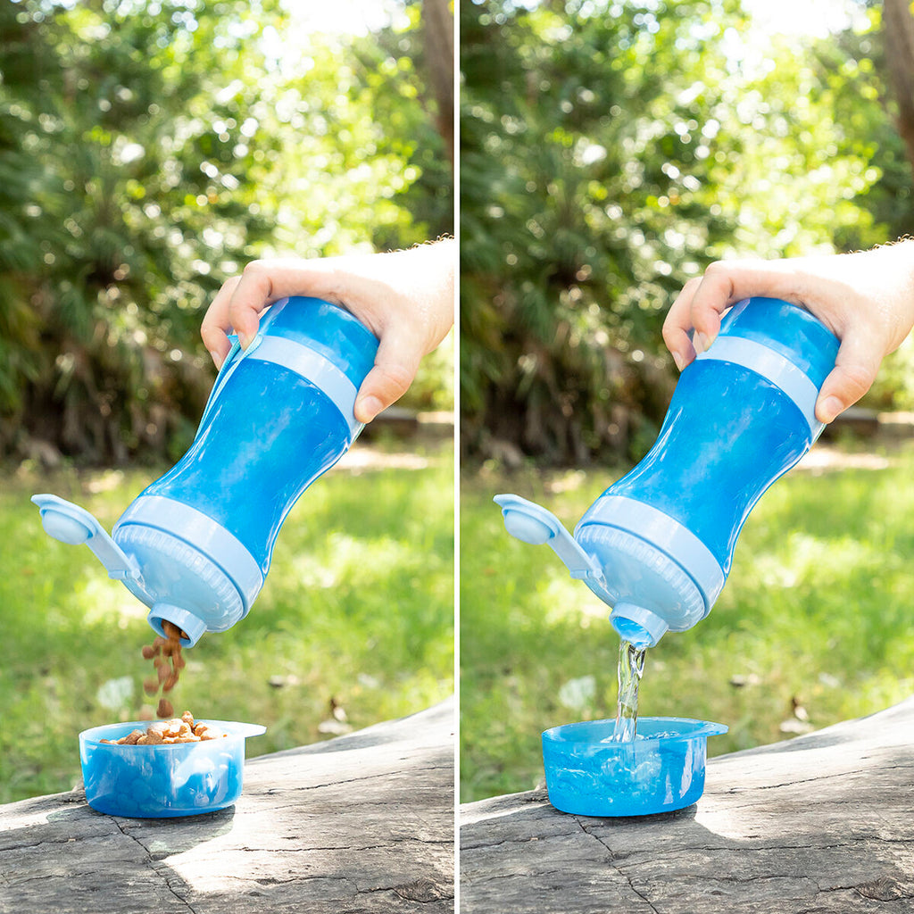 Botella 2 en 1 con recipientes para agua y comida para mascotas