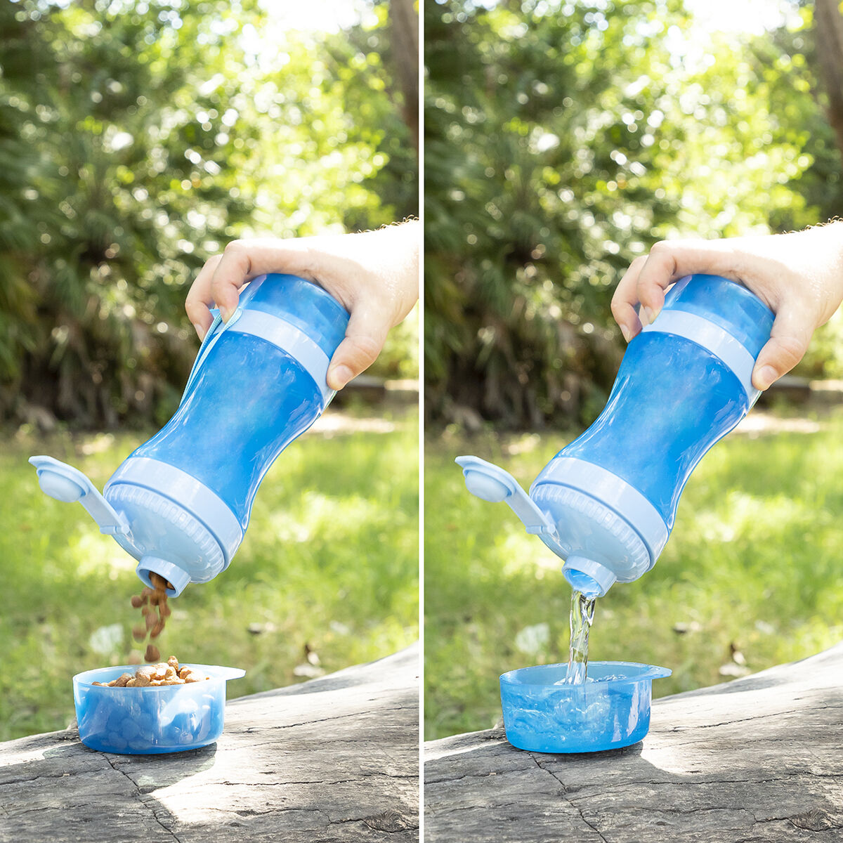 Botella 2 en 1 con recipientes para agua y comida para mascotas