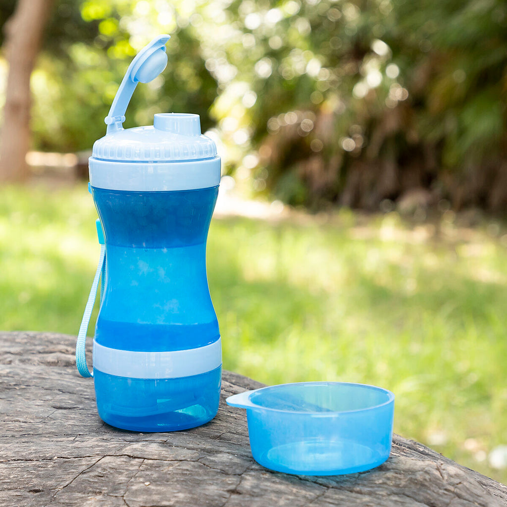 Botella 2 en 1 con recipientes para agua y comida para mascotas