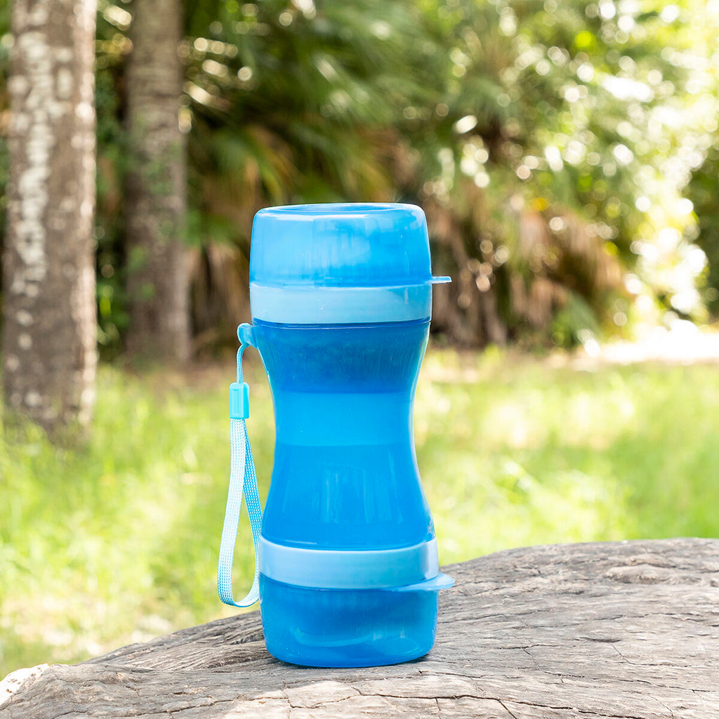 Botella 2 en 1 con recipientes para agua y comida para mascotas